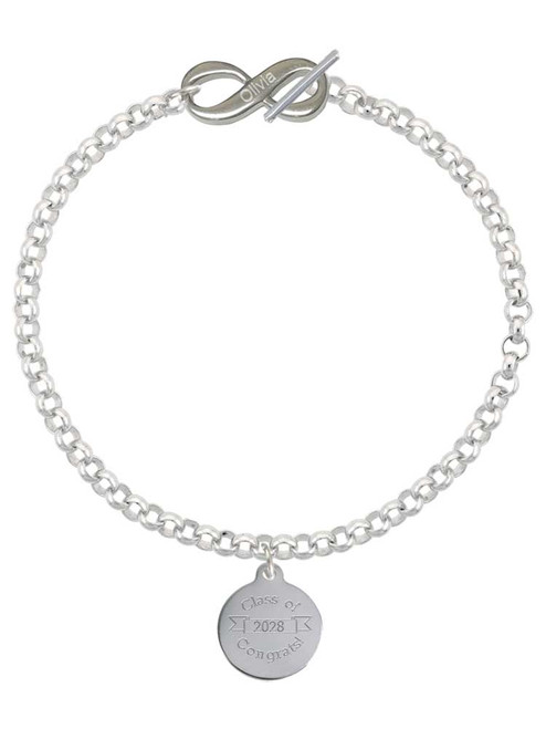 Stainless Steel Disc Class of 2028 - Custom Engraved Infinity Toggle Bracelet: Personalized Jewelry Gift - Names, Initials, Dates, Bible Verses