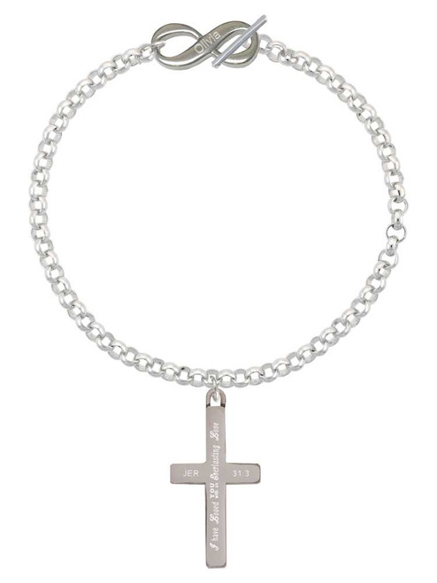 Stainless Steel Jeremiah 31:3 - Everlasting Love Engraved Cross - Custom Engraved Infinity Toggle Bracelet: Personalized Jewelry Gift - Names, Initials, Dates, Bible Verses