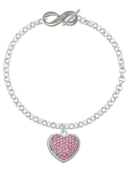 Silver Plated Large Rounded Light Pink Oktant Crystal Heart - Custom Engraved Infinity Toggle Bracelet: Personalized Jewelry Gift - Names, Initials, Dates, Bible Verses