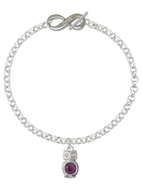 Silver Plated 3-D Purple & AB Crystal Owl - Custom Engraved Infinity Toggle Bracelet: Personalized Jewelry Gift - Names, Initials, Dates, Bible Verses