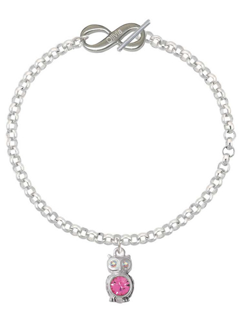 Silver Plated 3-D Hot Pink & AB Crystal Owl - Custom Engraved Infinity Toggle Bracelet: Personalized Jewelry Gift - Names, Initials, Dates, Bible Verses