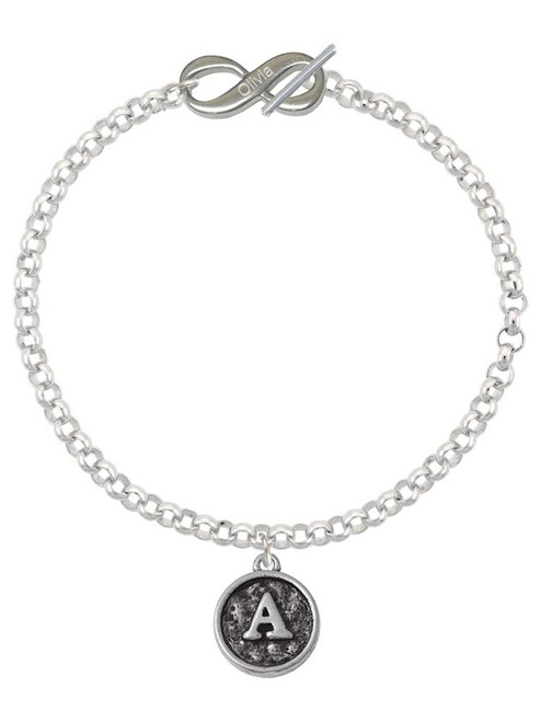 Silver Plated Antiqued Round Seal - Initial - A - Custom Engraved Infinity Toggle Bracelet: Personalized Jewelry Gift - Names, Initials, Dates, Bible Verses