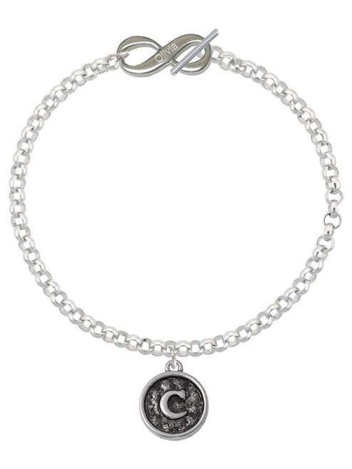 Silver Plated Antiqued Round Seal - Initial - C - Custom Engraved Infinity Toggle Bracelet: Personalized Jewelry Gift - Names, Initials, Dates, Bible Verses