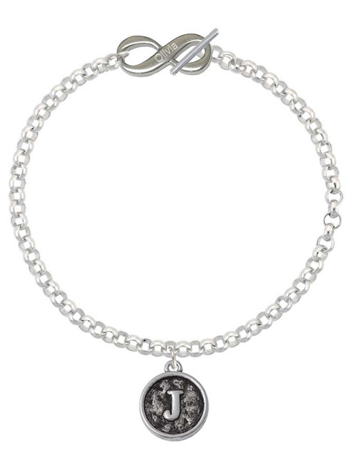 Silver Plated Antiqued Round Seal - Initial - J - Custom Engraved Infinity Toggle Bracelet: Personalized Jewelry Gift - Names, Initials, Dates, Bible Verses