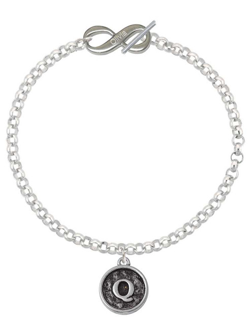 Silver Plated Antiqued Round Seal - Initial - Q - Custom Engraved Infinity Toggle Bracelet: Personalized Jewelry Gift - Names, Initials, Dates, Bible Verses