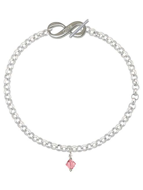 October - Hot Pink Crystal Bicone - Custom Engraved Infinity Toggle Bracelet: Personalized Jewelry Gift - Names, Initials, Dates, Bible Verses