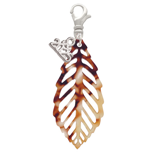 Acrylic Large Leaf Mixed Brown and Yellow - Silver Plated Clip on Charm with Mini Year 2025: Year to Remember Jewelry Gift - Celebrations