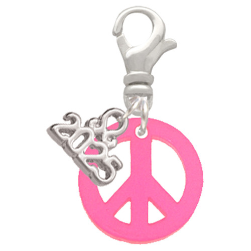 Acrylic Small Hot Pink Peace Sign - Silver Plated Clip on Charm with Mini Year 2025: Year to Remember Jewelry Gift - Celebrations