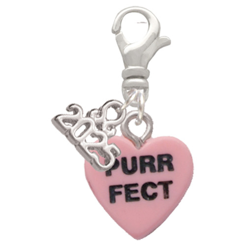 Acrylic Pink "Cool Cat / Purr Fect" Heart - Silver Plated Clip on Charm with Mini Year 2025: Year to Remember Jewelry Gift - Celebrations