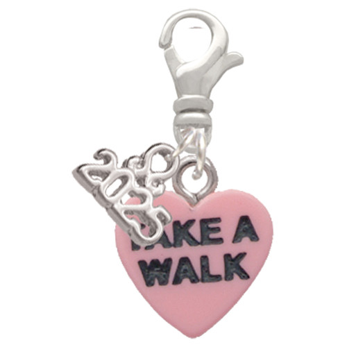 Acrylic Pink "Puppy Love / Take a Walk" Heart - Silver Plated Clip on Charm with Mini Year 2025: Year to Remember Jewelry Gift - Celebrations