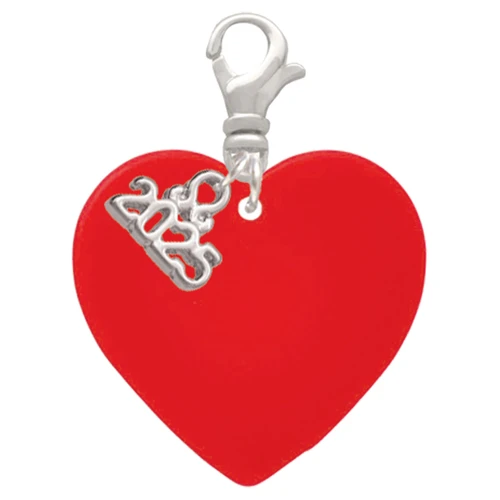 Acrylic 1" Red Heart - Silver Plated Clip on Charm with Mini Year 2025: Year to Remember Jewelry Gift - Celebrations