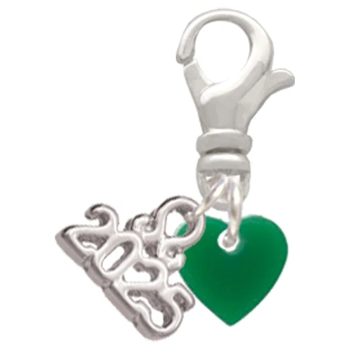 Acrylic 5/16" Green Heart - Silver Plated Clip on Charm with Mini Year 2025: Year to Remember Jewelry Gift - Celebrations