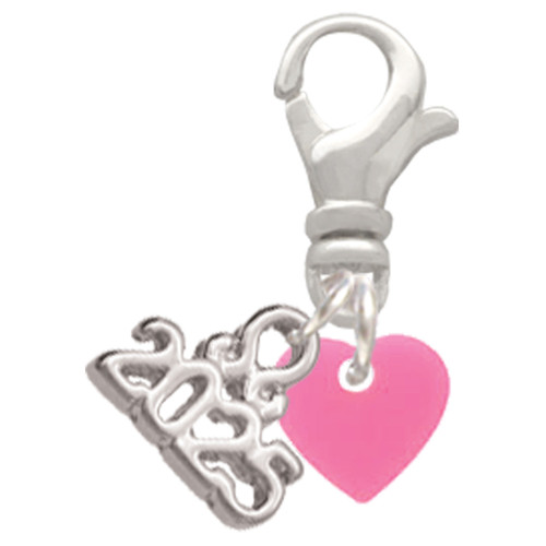 Acrylic 5/16" Hot Pink Heart - Silver Plated Clip on Charm with Mini Year 2025: Year to Remember Jewelry Gift - Celebrations