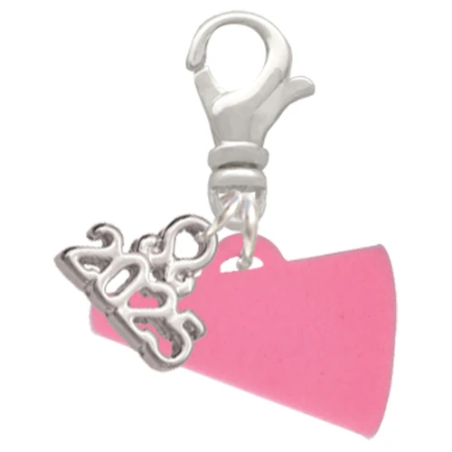 Acrylic Hot Pink Megaphone - Silver Plated Clip on Charm with Mini Year 2025: Year to Remember Jewelry Gift - Celebrations