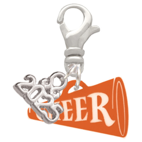 Acrylic Orange Cheer Megaphone - Silver Plated Clip on Charm with Mini Year 2025: Year to Remember Jewelry Gift - Celebrations