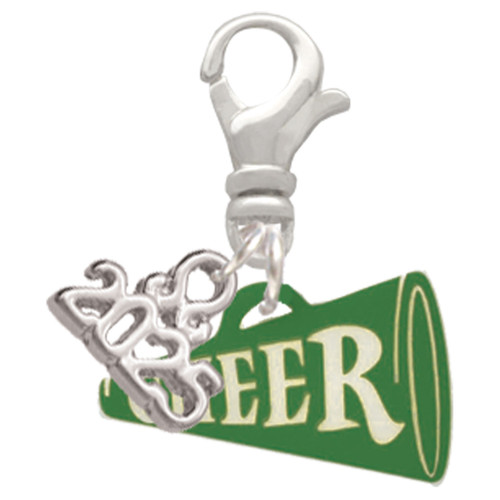 Acrylic Green Cheer Megaphone - Silver Plated Clip on Charm with Mini Year 2025: Year to Remember Jewelry Gift - Celebrations