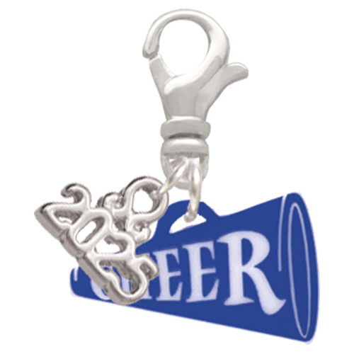 Acrylic Royal Blue Cheer Megaphone - Silver Plated Clip on Charm with Mini Year 2025: Year to Remember Jewelry Gift - Celebrations