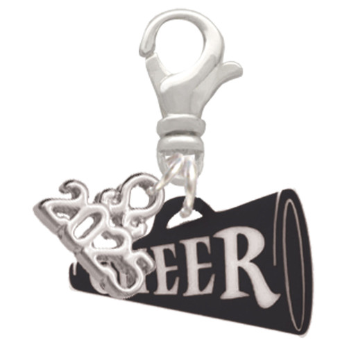 Acrylic Black Cheer Megaphone - Silver Plated Clip on Charm with Mini Year 2025: Year to Remember Jewelry Gift - Celebrations