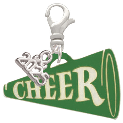Acrylic Large Green Cheer Megaphone - Silver Plated Clip on Charm with Mini Year 2025: Year to Remember Jewelry Gift - Celebrations