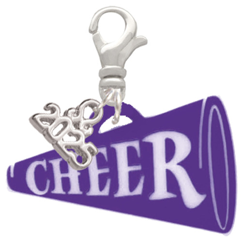 Acrylic Large Purple Cheer Megaphone - Silver Plated Clip on Charm with Mini Year 2025: Year to Remember Jewelry Gift - Celebrations