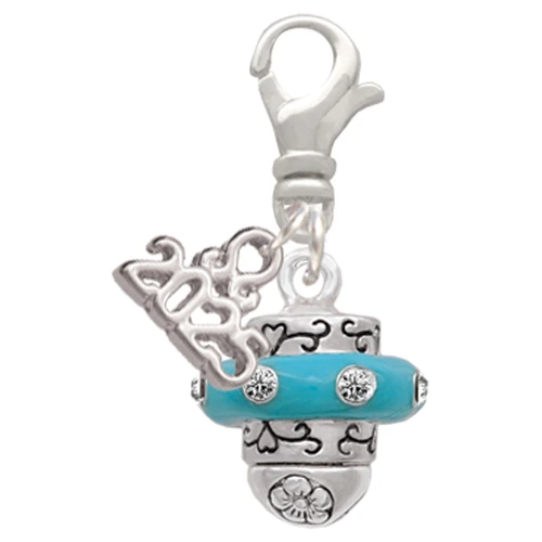 Silver Plated Crystal Teal Spinner - Silver Plated Clip on Charm with Mini Year 2025: Year to Remember Jewelry Gift - Celebrations