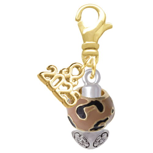 Gold-tone Wide Tan Cheetah Print Spinners - Gold-tone Plated Clip on Charm with Mini Year 2025: Year to Remember Jewelry Gift - Celebrations