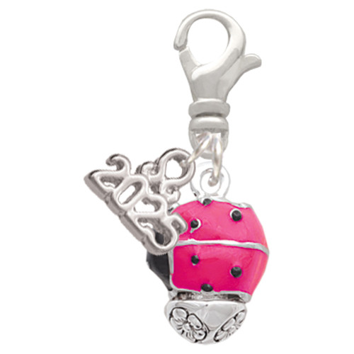 Hot Pink Ladybug Spinner - Silver Plated Clip on Charm with Mini Year 2025: Year to Remember Jewelry Gift - Celebrations