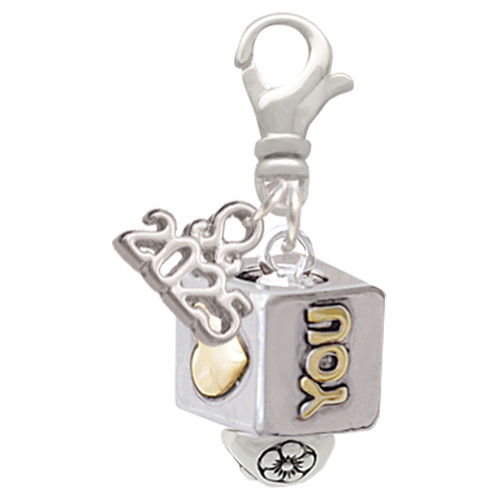 Two-tone Love You Square Spinner - Silver Plated Clip on Charm with Mini Year 2025: Year to Remember Jewelry Gift - Celebrations