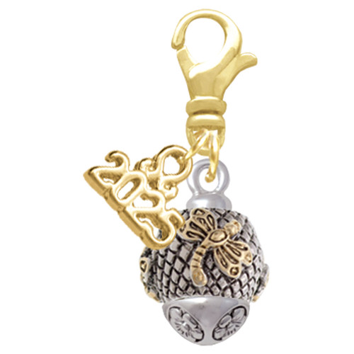 Gold-tone Dragonfly on Silver Plated Hatched Background Spinner - Gold-tone Plated Clip on Charm with Mini Year 2025: Year to Remember Jewelry Gift - Celebrations