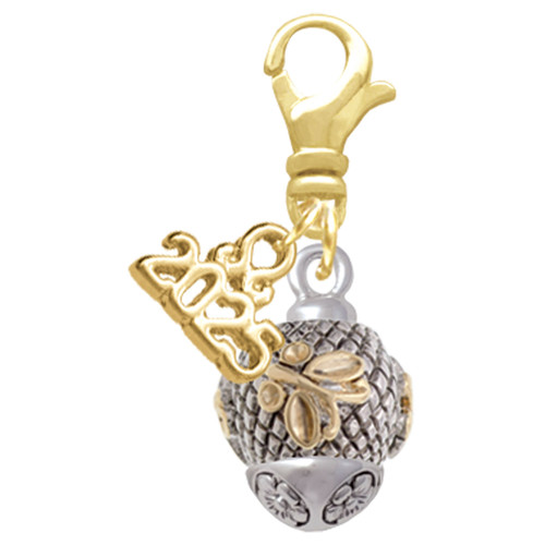 Gold-tone Butterfly on Silver Plated Hatched Background Spinner - Gold-tone Plated Clip on Charm with Mini Year 2025: Year to Remember Jewelry Gift - Celebrations