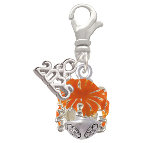 Hot Orange Hibiscus Flowers Spinner - Silver Plated Clip on Charm with Mini Year 2025: Year to Remember Jewelry Gift - Celebrations