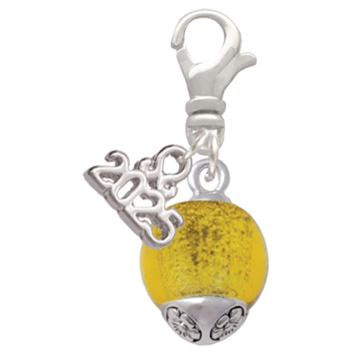 12mm Glass Yellow Roller Spinner - Silver Plated Clip on Charm with Mini Year 2025: Year to Remember Jewelry Gift - Celebrations