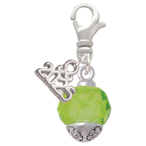 12mm Faceted Lime Glass Spinner - Silver Plated Clip on Charm with Mini Year 2025: Year to Remember Jewelry Gift - Celebrations