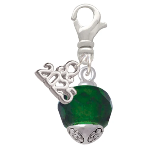 12mm Faceted Green Glass Spinner - Silver Plated Clip on Charm with Mini Year 2025: Year to Remember Jewelry Gift - Celebrations