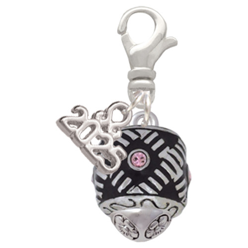 Silver Plated Diagonal Banded Barrel with Pink Crystals Spinner - Silver Plated Clip on Charm with Mini Year 2025: Year to Remember Jewelry Gift - Celebrations