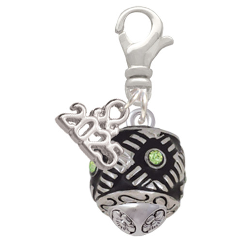 Silver Plated Diagonal Banded Barrel with Lime Green Crystals Spinner - Silver Plated Clip on Charm with Mini Year 2025: Year to Remember Jewelry Gift - Celebrations
