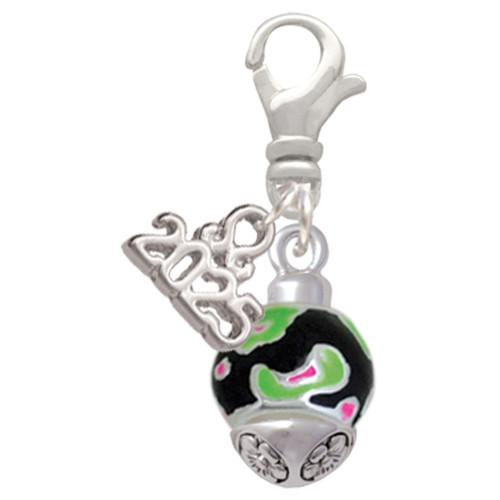 Silver Plated Wide Lime Green Cheetah Print Band Spinner - Silver Plated Clip on Charm with Mini Year 2025: Year to Remember Jewelry Gift - Celebrations