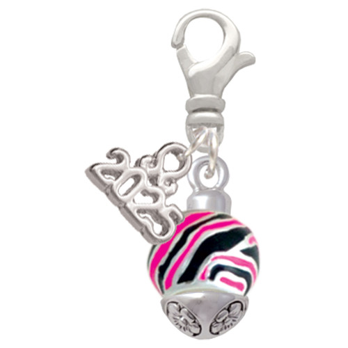 Silver Plated Wide Hot Pink Zebra Print Band Spinner - Silver Plated Clip on Charm with Mini Year 2025: Year to Remember Jewelry Gift - Celebrations