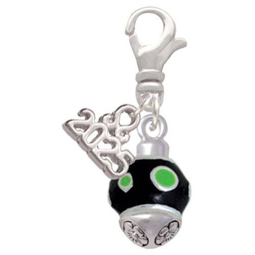 Silver Plated Lime Green Dots on Black Spinner - Silver Plated Clip on Charm with Mini Year 2025: Year to Remember Jewelry Gift - Celebrations