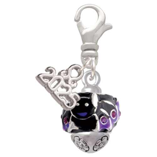 Silver Plated Black and Purple Bats with Crystals Spinner - Silver Plated Clip on Charm with Mini Year 2025: Year to Remember Jewelry Gift - Celebrations