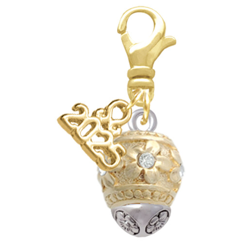 Gold-tone Raised Flowers with Clear Crystals on Barrel Spinner - Gold-tone Plated Clip on Charm with Mini Year 2025: Year to Remember Jewelry Gift - Celebrations
