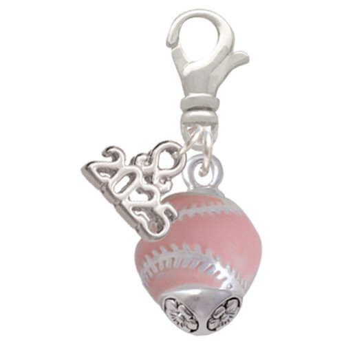 Silver Plated Pink Softball with Stitching Spinner - Silver Plated Clip on Charm with Mini Year 2025: Year to Remember Jewelry Gift - Celebrations
