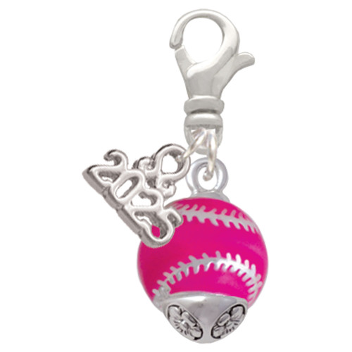 Silver Plated Hot Pink Softball with Stitching Spinner - Silver Plated Clip on Charm with Mini Year 2025: Year to Remember Jewelry Gift - Celebrations
