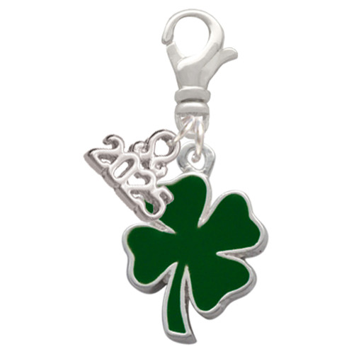 Silver Plated Two Sided Green Enamel Lucky Four Leaf Clover - Silver Plated Clip on Charm with Mini Year 2025: Year to Remember Jewelry Gift - Celebrations