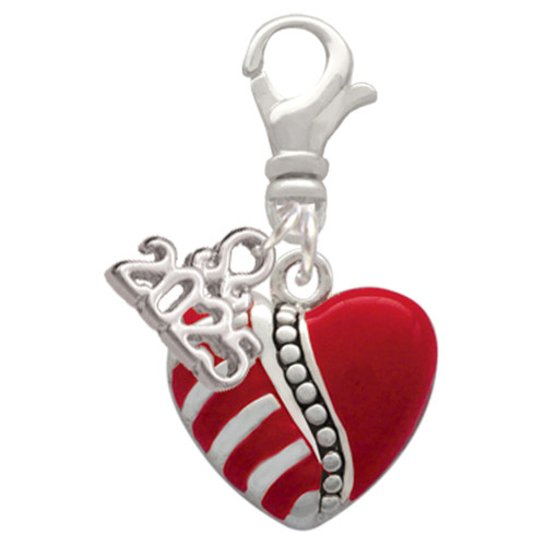 Silver Plated Striped Red Enamel Heart with Beaded Decoration - Silver Plated Clip on Charm with Mini Year 2025: Year to Remember Jewelry Gift - Celebrations