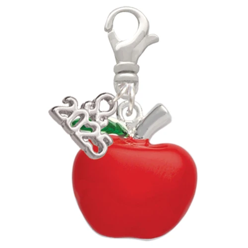 Silver Plated Large Red Apple - Silver Plated Clip on Charm with Mini Year 2025: Year to Remember Jewelry Gift - Celebrations