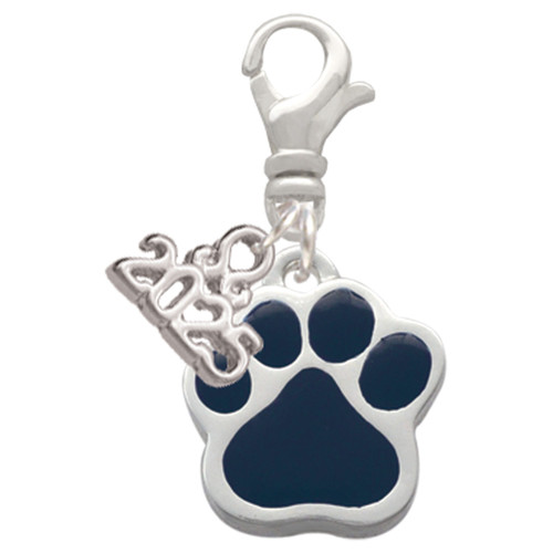 Silver Plated Large Navy Blue Paw - Silver Plated Clip on Charm with Mini Year 2025: Year to Remember Jewelry Gift - Celebrations