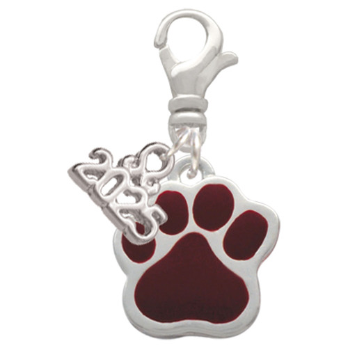 Silver Plated Large Maroon Paw - Silver Plated Clip on Charm with Mini Year 2025: Year to Remember Jewelry Gift - Celebrations