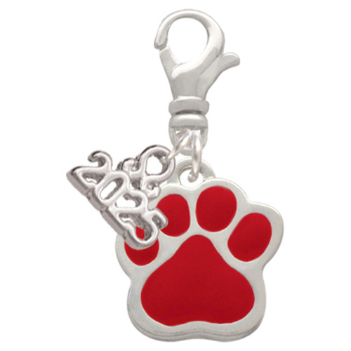 Silver Plated Large Red Paw - Silver Plated Clip on Charm with Mini Year 2025: Year to Remember Jewelry Gift - Celebrations