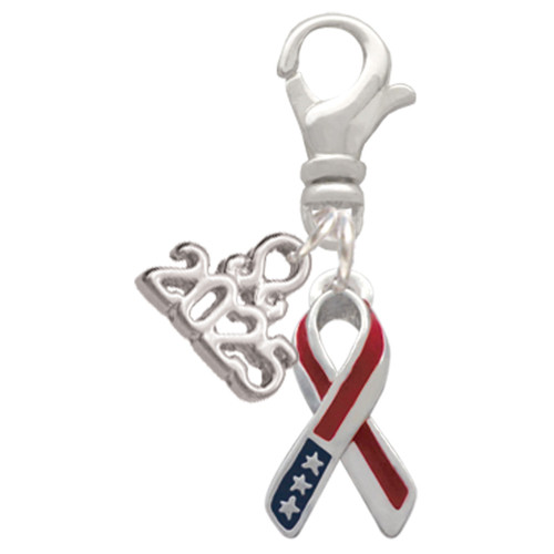 Silver Plated Patriotic Ribbon - Silver Plated Clip on Charm with Mini Year 2025: Year to Remember Jewelry Gift - Celebrations